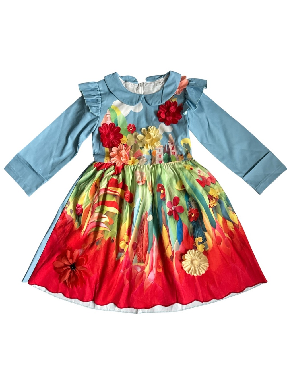 Girls Floral Castle Print Long Sleeve Dress with 3D Flower Appliqués - Size 5Y